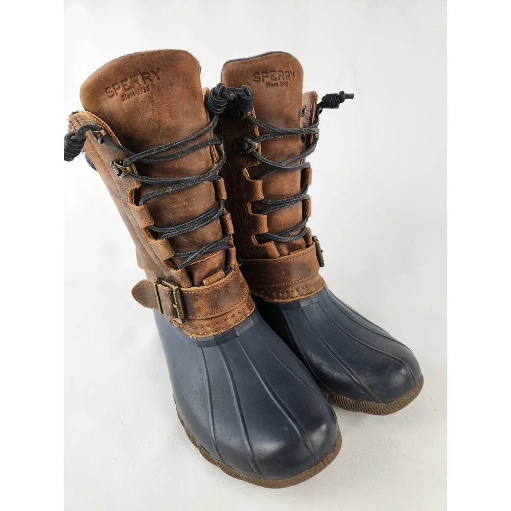 Sperry STS95908 Saltwater Misty Rain Duck Boots Barn Brown Leather Womens Sz 7 M